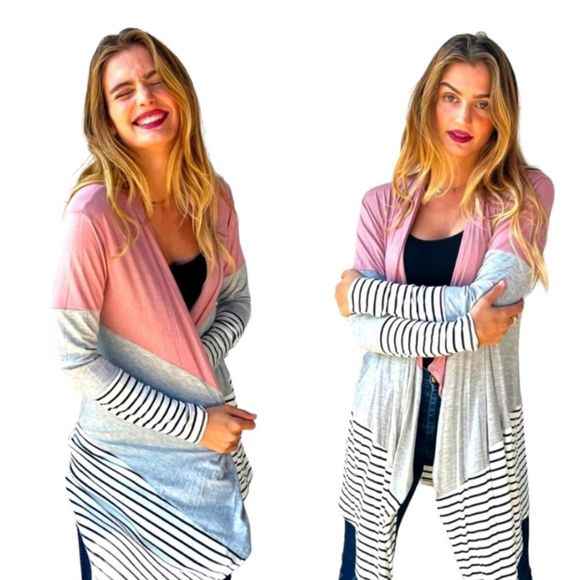 Last! Mauve Color Block Stripe Cardigan - Picture 1 of 4